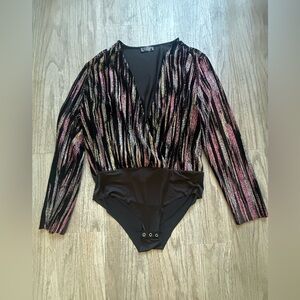 Zara Metallic Stripe Wrap Bodysuit - Black with Pink & Gold Accents